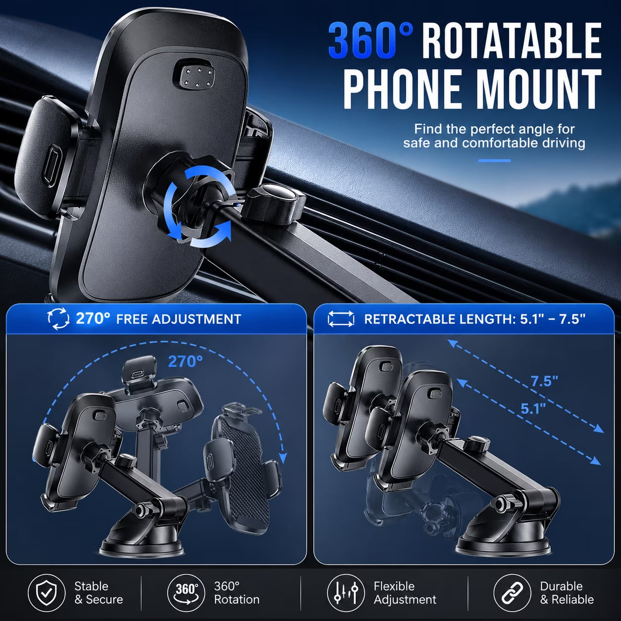 360° Rotatable Car Phone Holder, Dashboard, Windshield & Air Vent Mount for 4.0"-7.0" Smartphones (Iphone, Etc)
